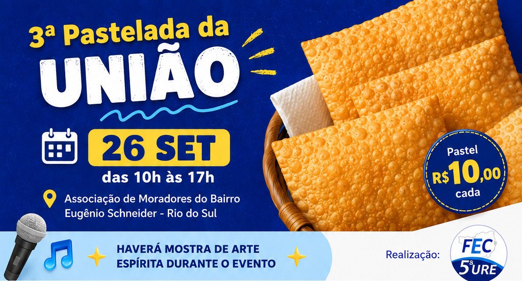 3ª Pastelada da União — 26 de setembro, das 10h às 17h, Associação de Moradores do Bairro Eugênio Schneider, Rio do Sul. Pastel R$ 10,00 cada. Realização: FEC 5ª URE.